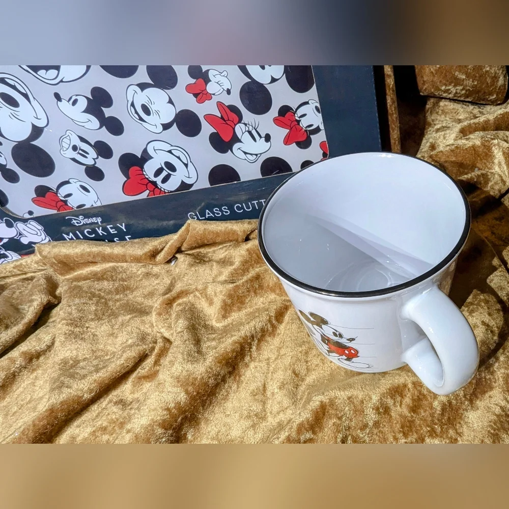 NWT Two Disney Mickey Mouse Mugs and Glass Cutting Board Set - Red, Black, White - Picture 3 of 8